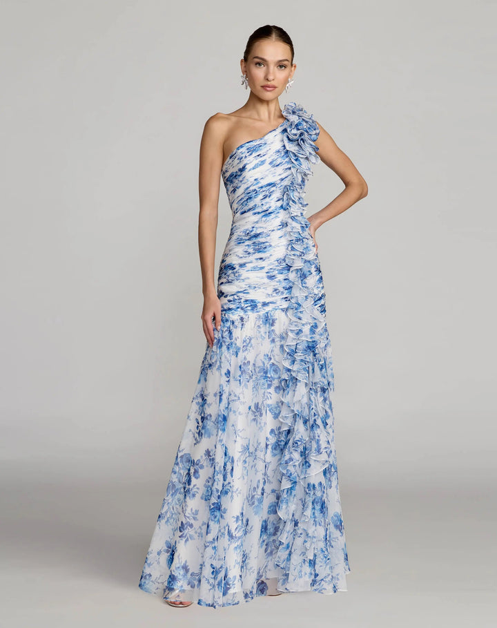 Blue Ruched Floral Chiffon Gown With 3D Ruffles - FOSTANI.com