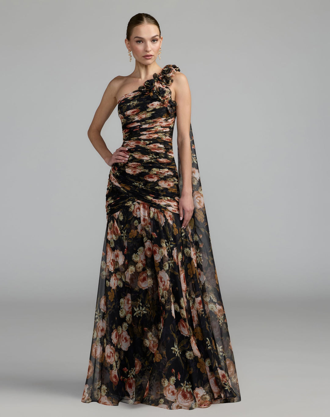 Mac Duggal 68993 One Shoulder Floral Printed Chiffon Gown
