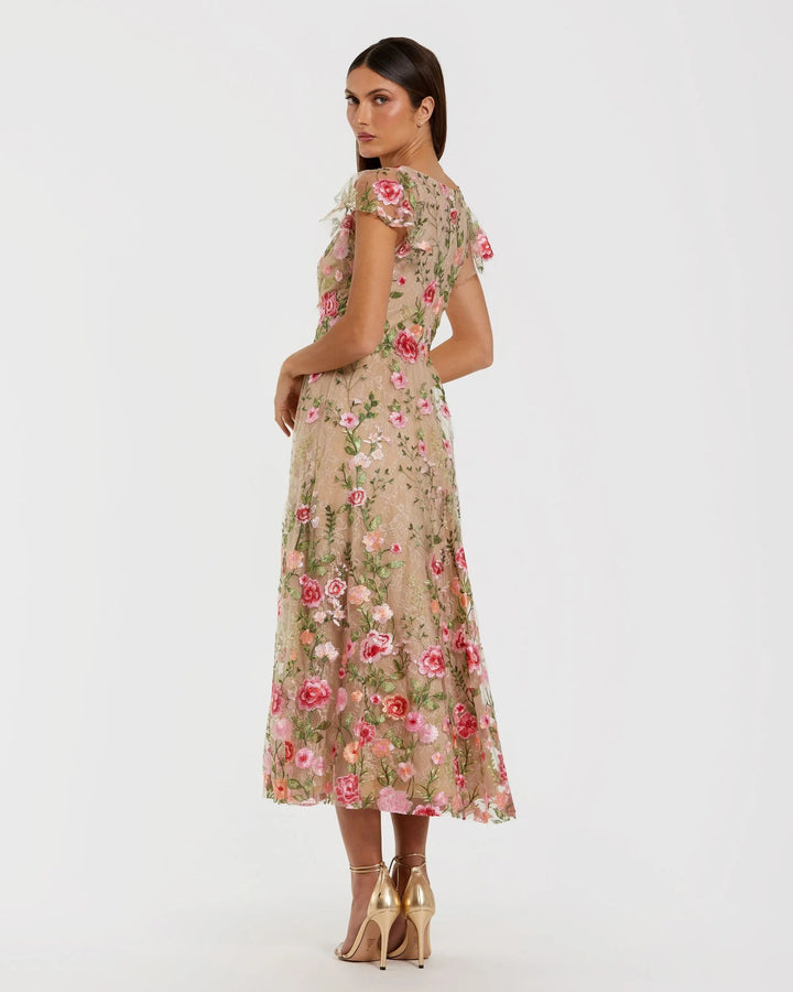 Beige Floral Embroidered Flutter Sleeve Midi Dress - FOSTANI.com