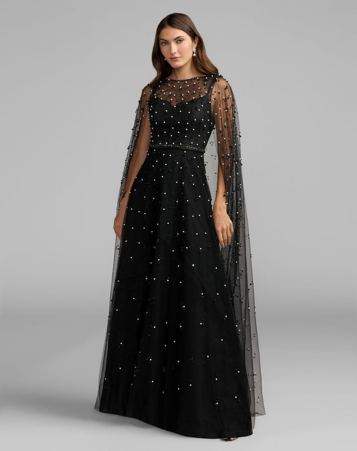 Mac Duggal 69025 Pearl Embellished Tulle A-Line Gown With Cape