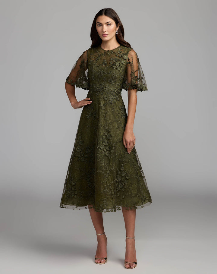 Mac Duggal 69036 Flutter Sleeve Embroidered Midi Dress