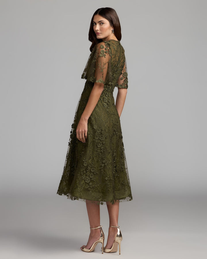 Mac Duggal 69036 Flutter Sleeve Embroidered Midi Dress
