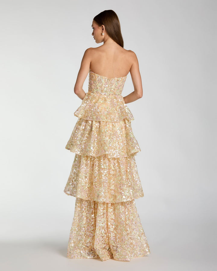 Gold Embellished Strapless Sweetheart Ruffle Gown - FOSTANI.com