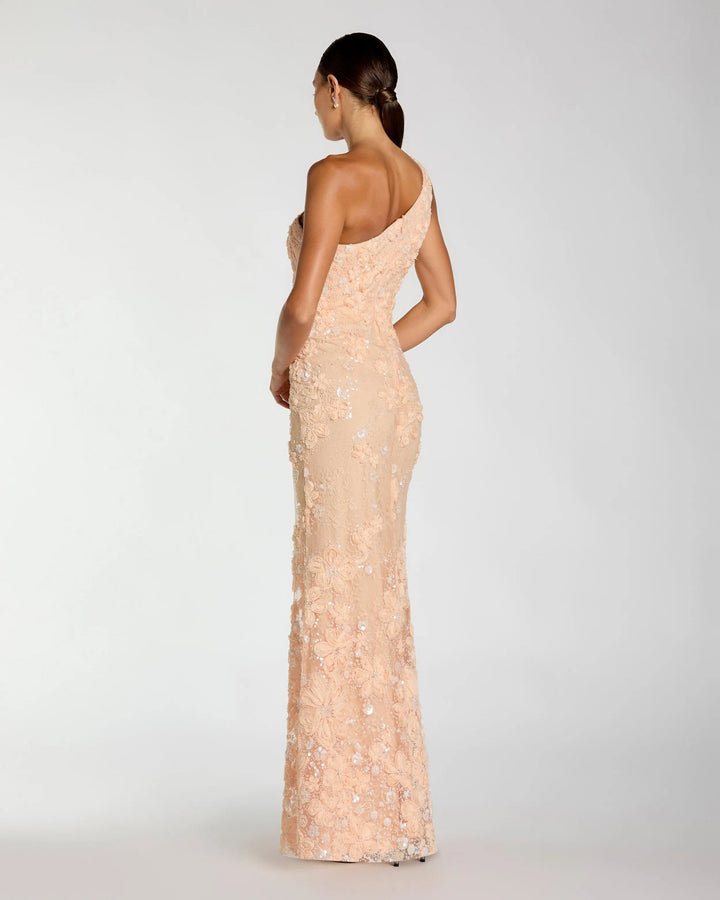 Orange One Shoulder Floral Appliqué Sequin Gown - FOSTANI.com