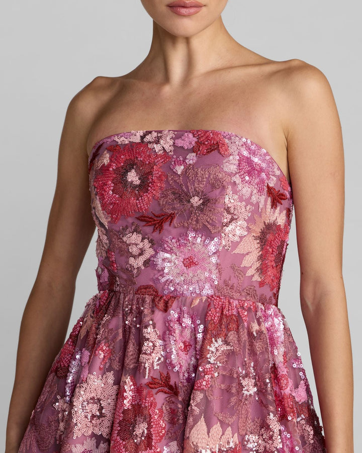 Mac Duggal 69109 Purple Floral Sequin Strapless Midi Dress