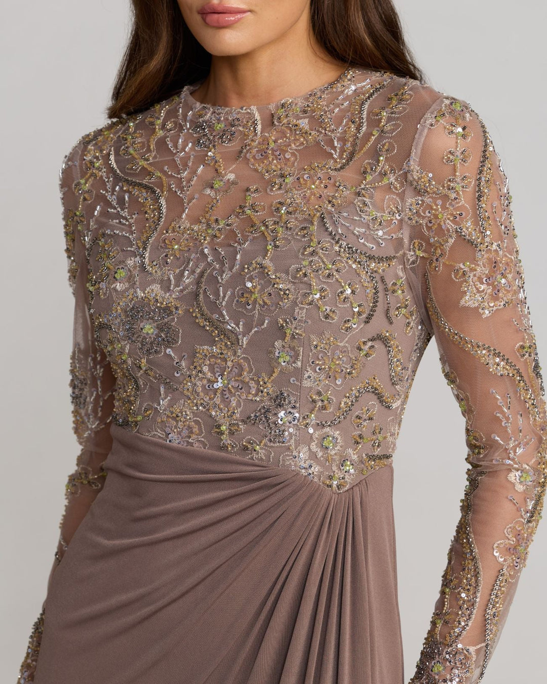 Mac Duggal 69121 Embroidered Illusion Long Sleeve Draped Gown