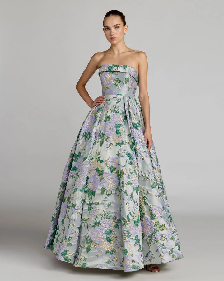 Mac Duggal 69172 Blue Multicolor Strapless Floral Brocade Ball Gown