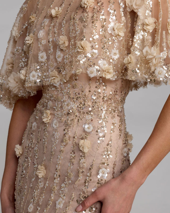Mac Duggal 69188 Beige Embellished Cape Sleeve Gown - FOSTANI.com