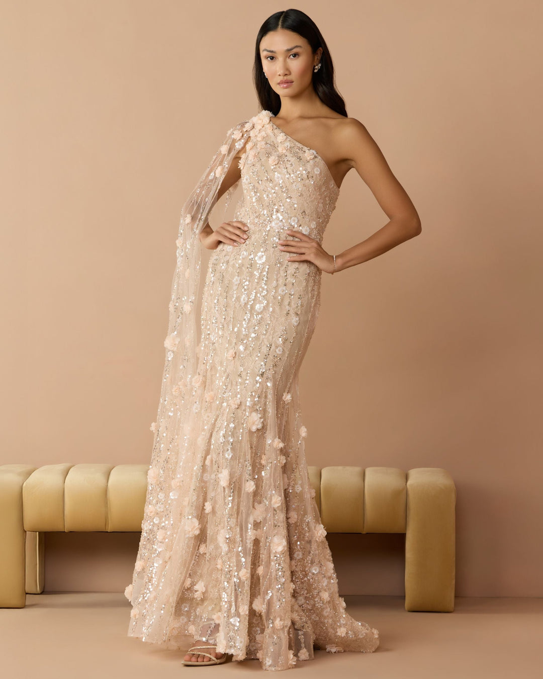 Mac Duggal 69190 One Shoulder Embellished Gown With Cape Sleeve
