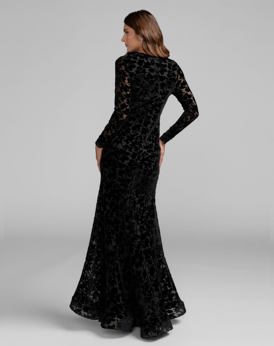 Mac Duggal 69323 High Neck Long Sleeve Floral Velvet Gown