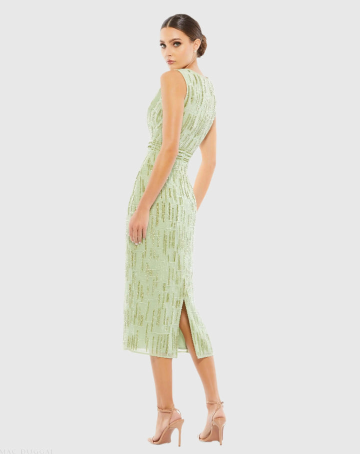 Mac Duggal 70264 Green Abstract Beaded Sleeveless Midi Sheath Dress