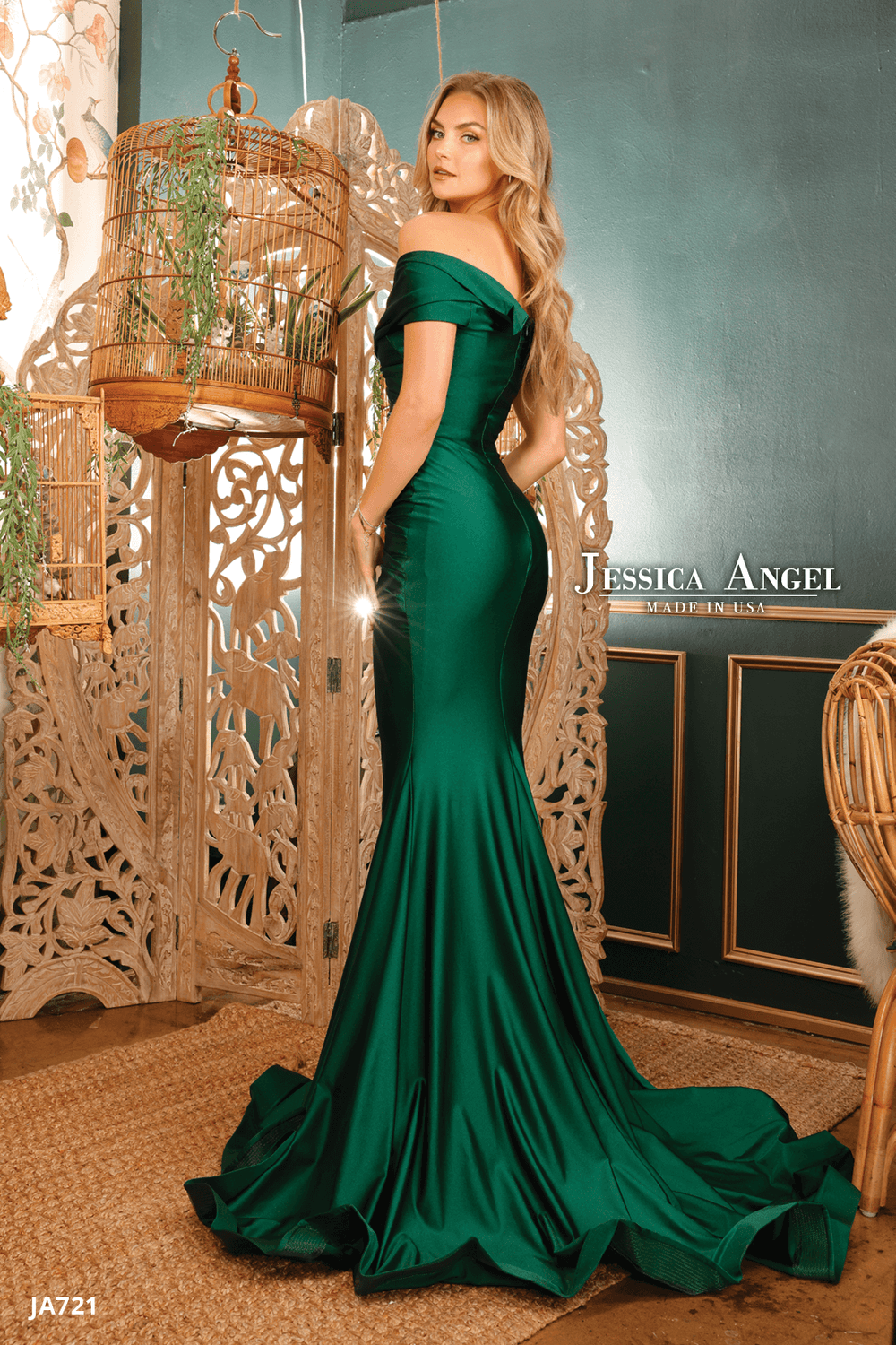 Jessica Angel 721 off shoulder evening gown back view