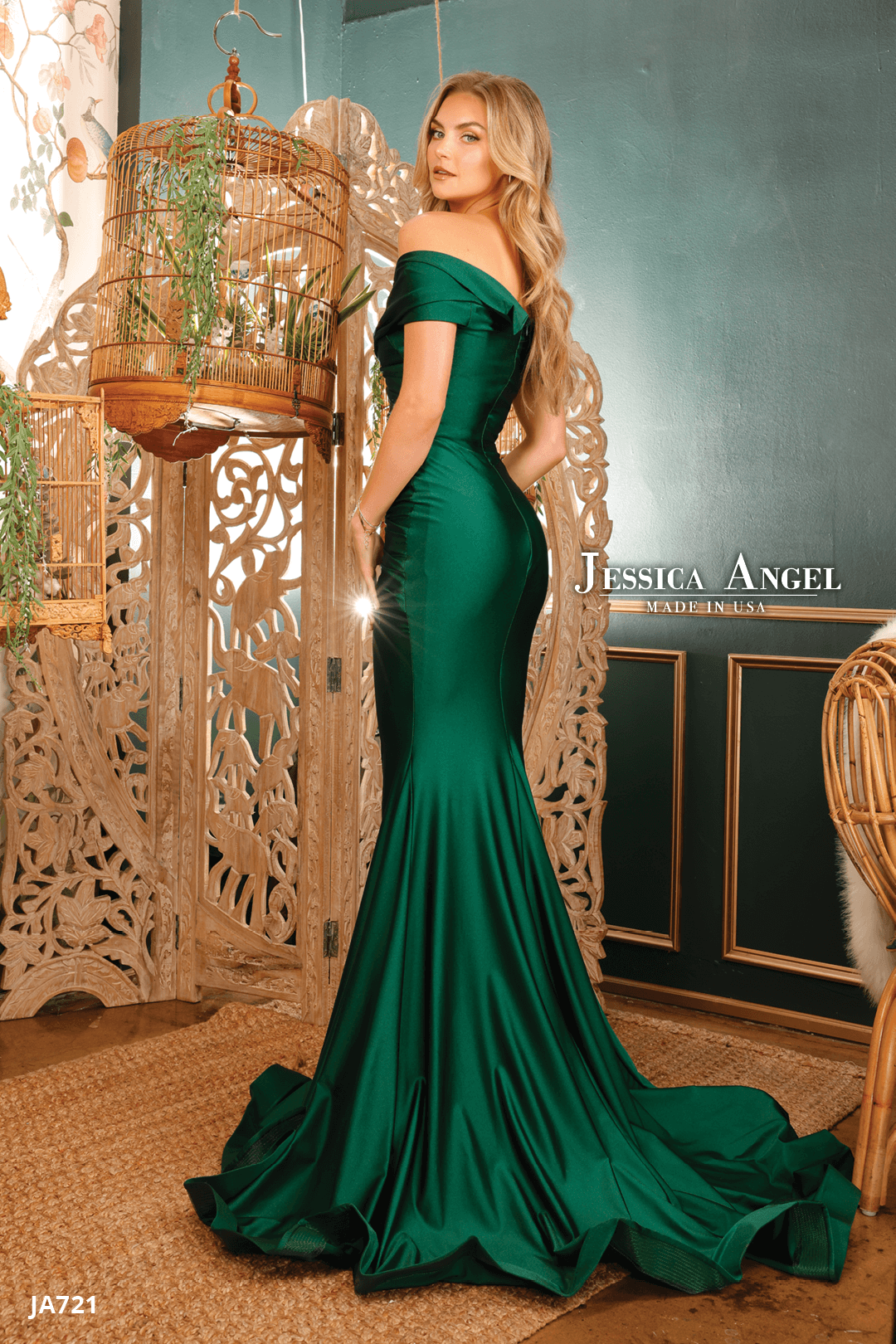 Jessica Angel 721 off shoulder evening gown back view