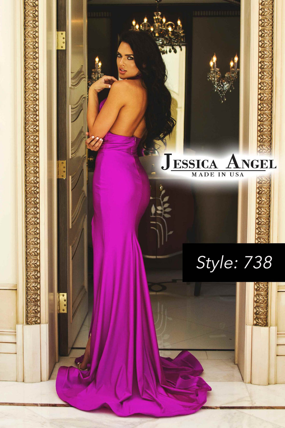 Jessica Angel 738 twist halter keyhole jersey gown with slit back view