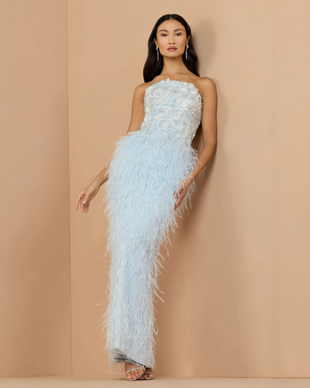 Blue Embellished Strapless Feather Gown - FOSTANI.com