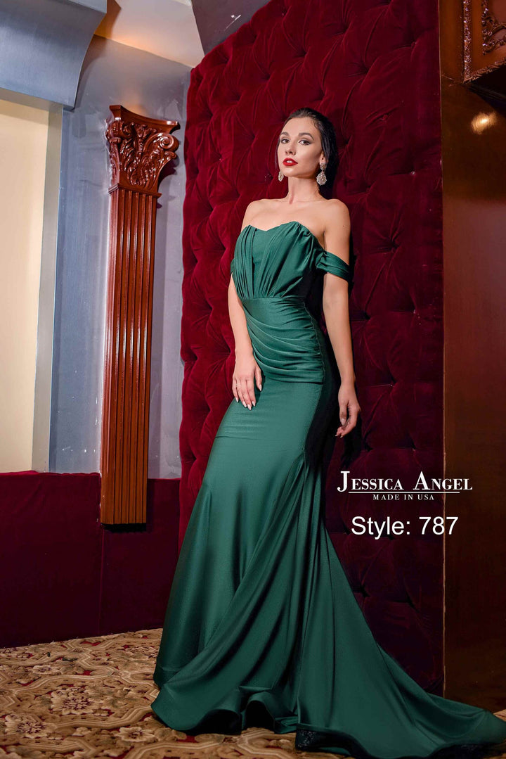 Jessica Angel 787 off shoulder draped mermaid gown front view