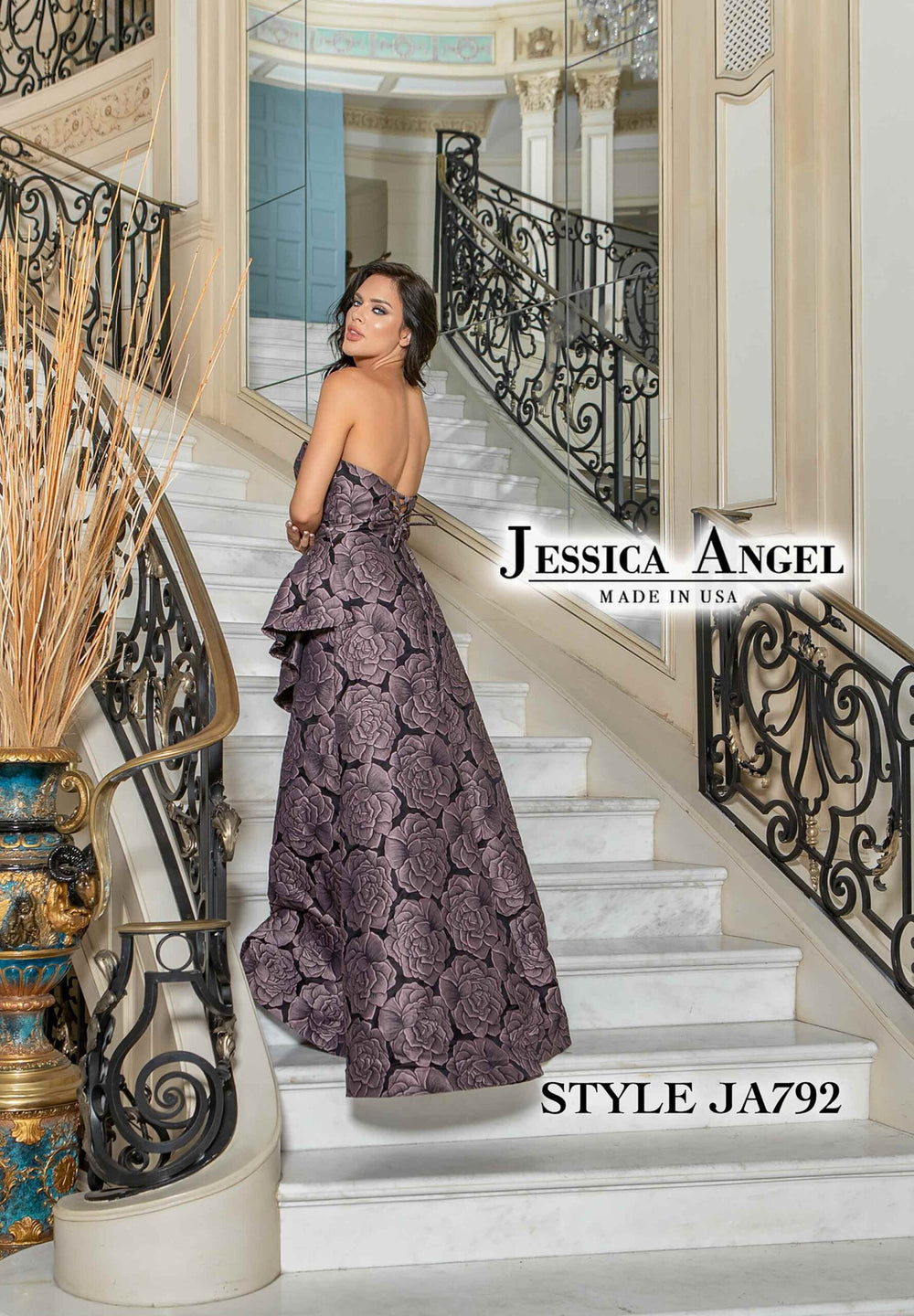 Jessica Angel 792 brocade gown back ruffle back view