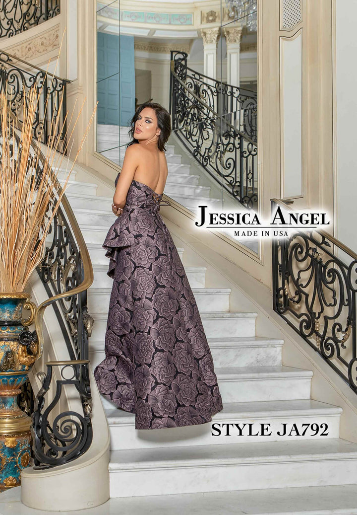 Jessica Angel 792 brocade gown back ruffle back view