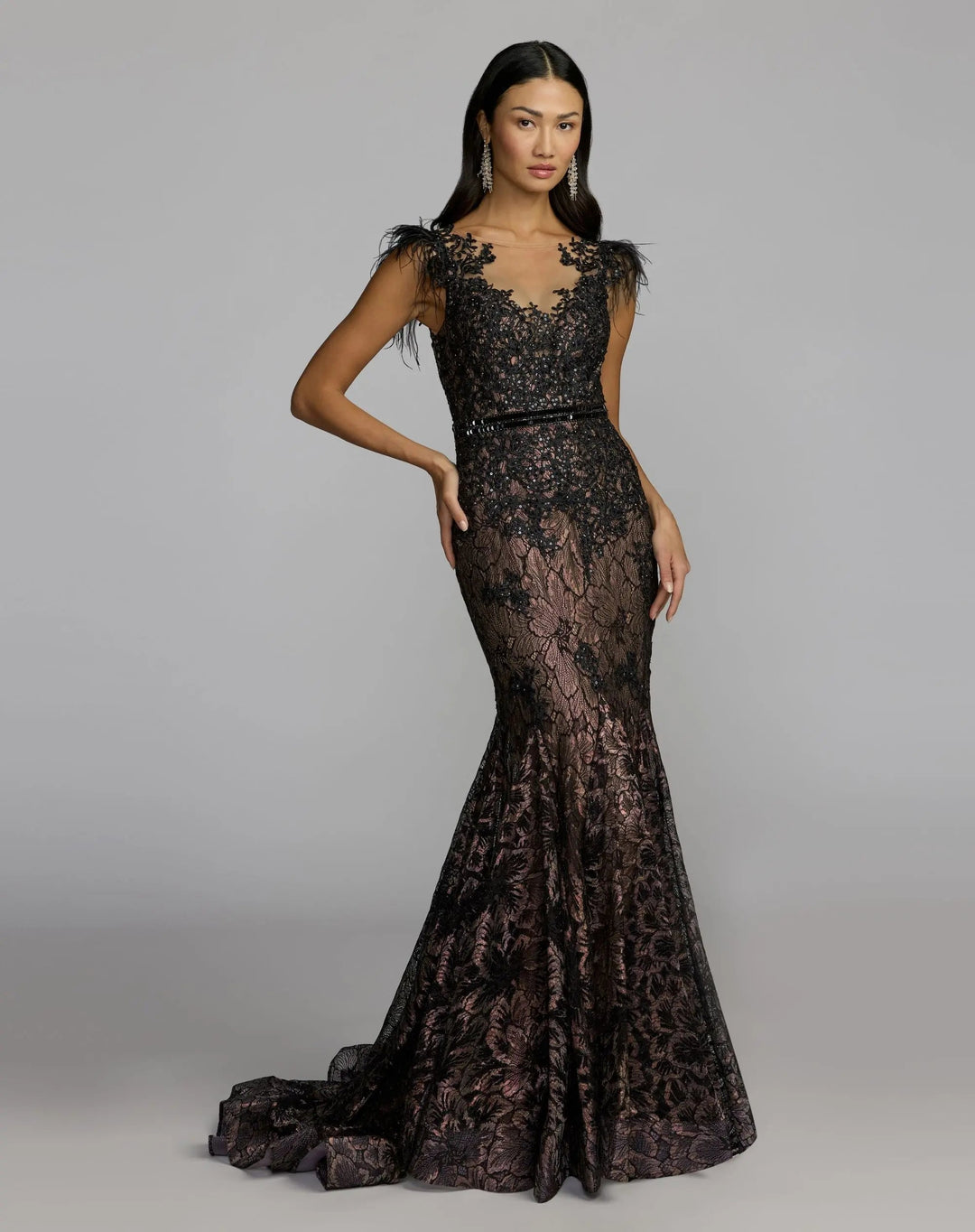 Mac Duggal 79230 Embellished Lace High Neck Gown With Feather Sleeves