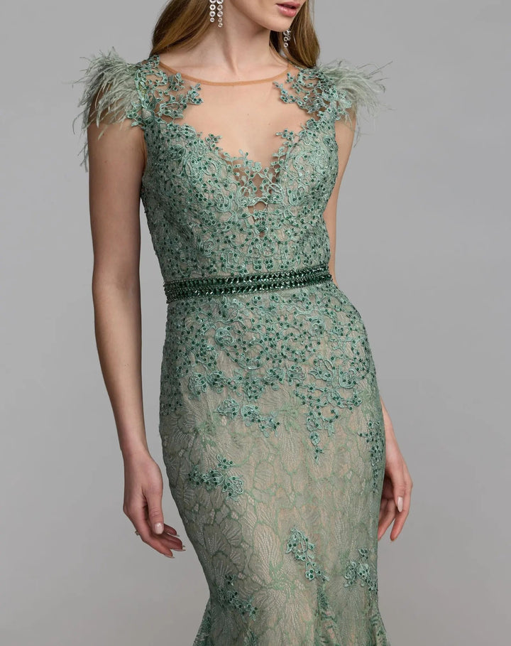 Mac Duggal 79230 Green Embellished Lace High Neck Gown With Feather Sleeves