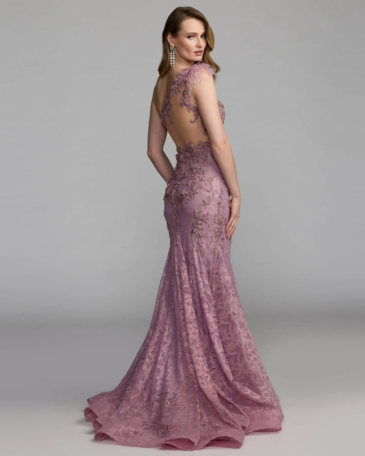 Mac Duggal 79264 Pink Embellished Lace One Shoulder Gown With Feather Detail