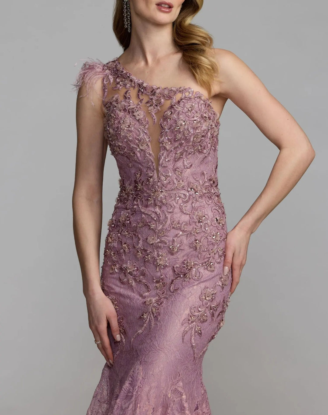 Mac Duggal 79264 Pink Embellished Lace One Shoulder Gown With Feather Detail