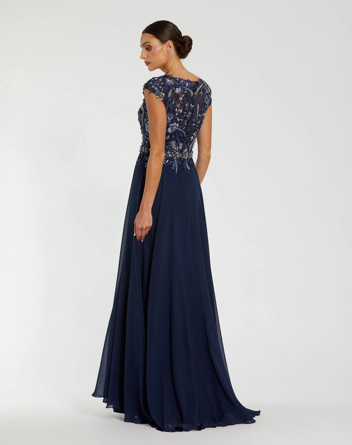 Mac Duggal 79365 Navy Embellished Chiffon Cap Sleeve A-Line Gown