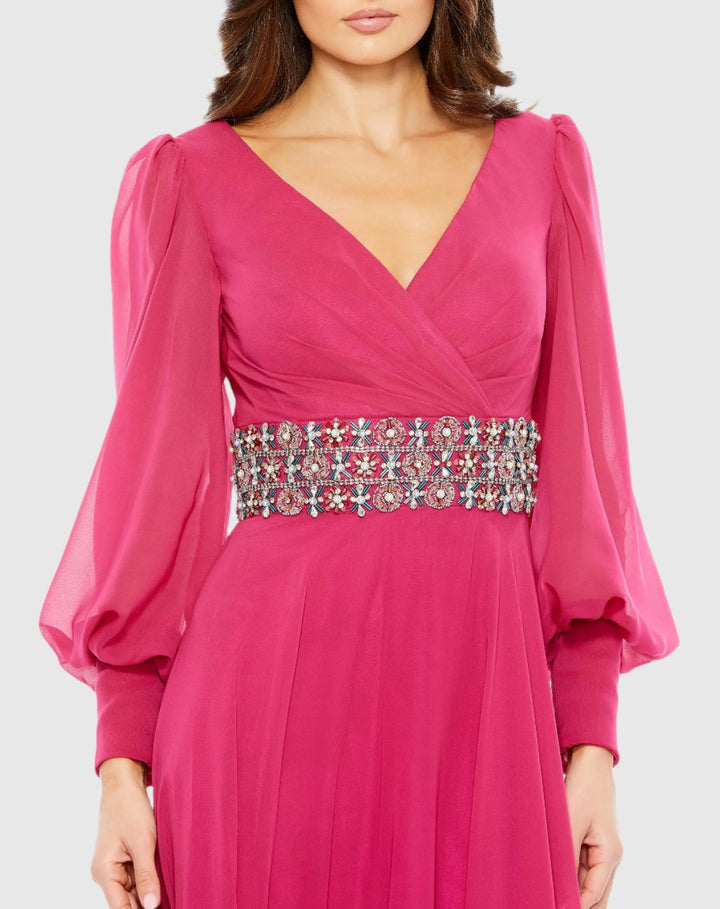 Mac Duggal 79390 Pink Bishop Sleeve Wrap Over Belt Detail Flowy Gown