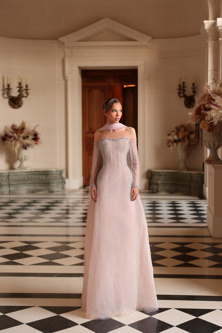 Chic & Holland HF110613 Off Shoulder Long Sleeves Fully Beaded Corset Bodice A Line Matching Scarf Couture Dress