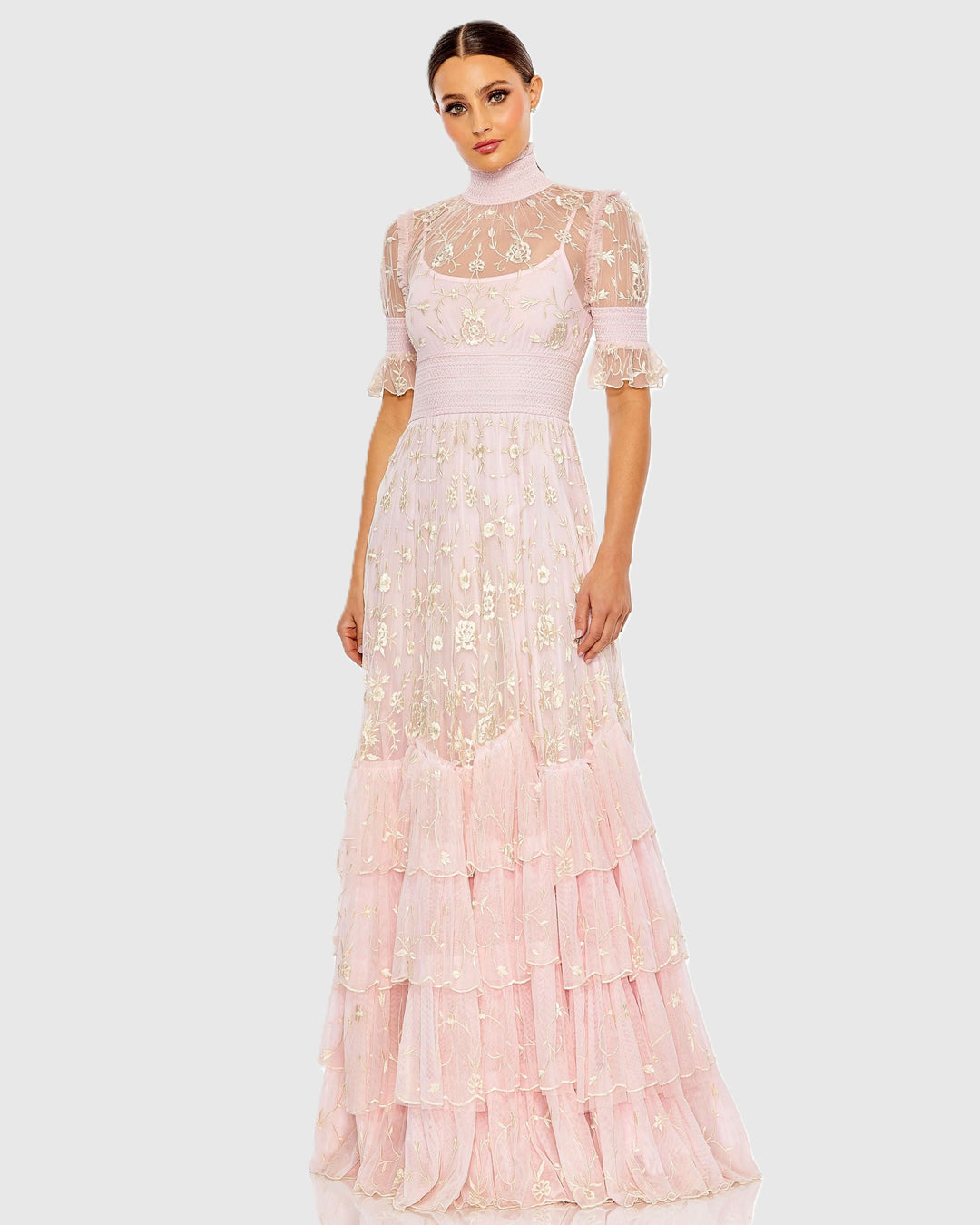 Mac Duggal 8005 Embroidered Floral Tiered Smock Neck Gown