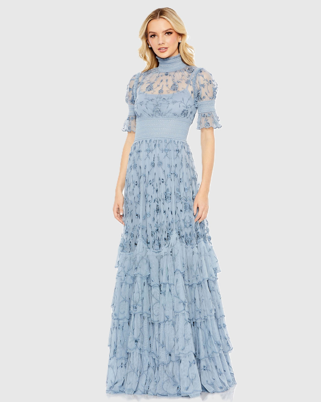 Mac Duggal 8005 Embroidered Floral Tiered Smock Neck Gown