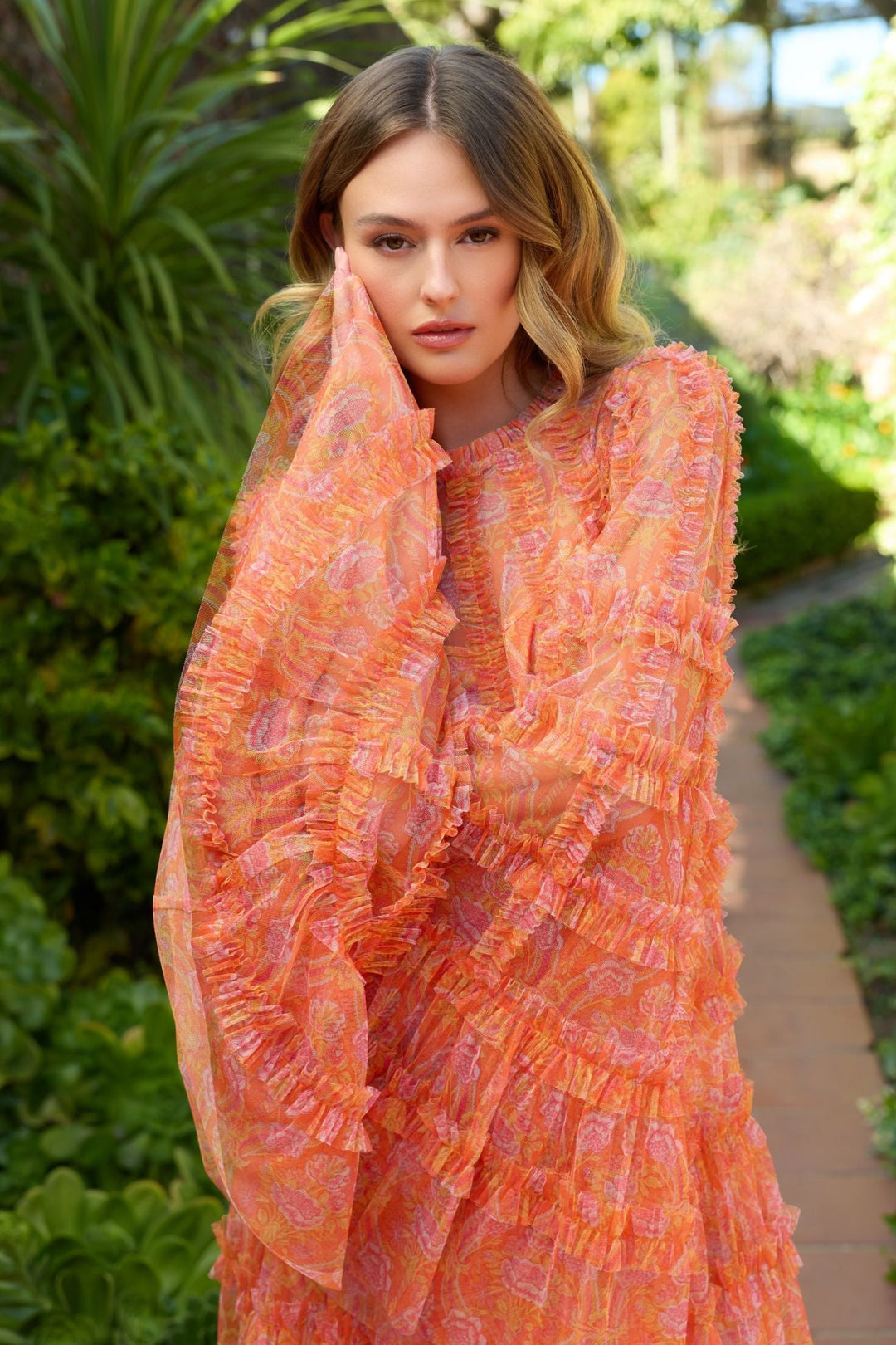 Mac Duggal 8007 Orange Floral Ruffle Long Sleeve Mini Dress - FOSTANI.com
