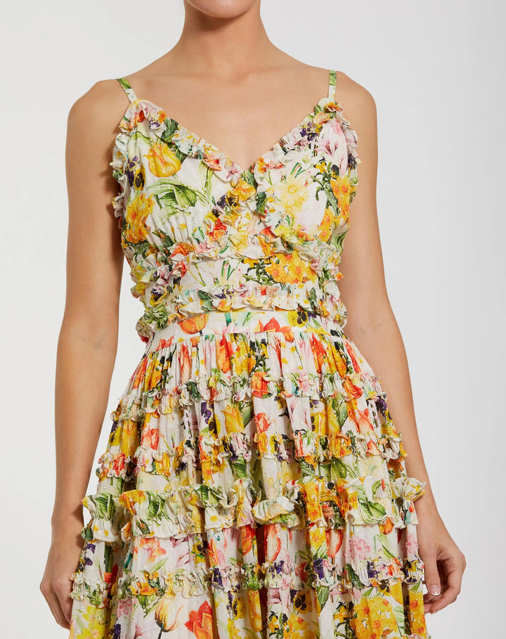 Yellow Floral Printed Micro Ruffle Cotton Midi Dress - FOSTANI.com