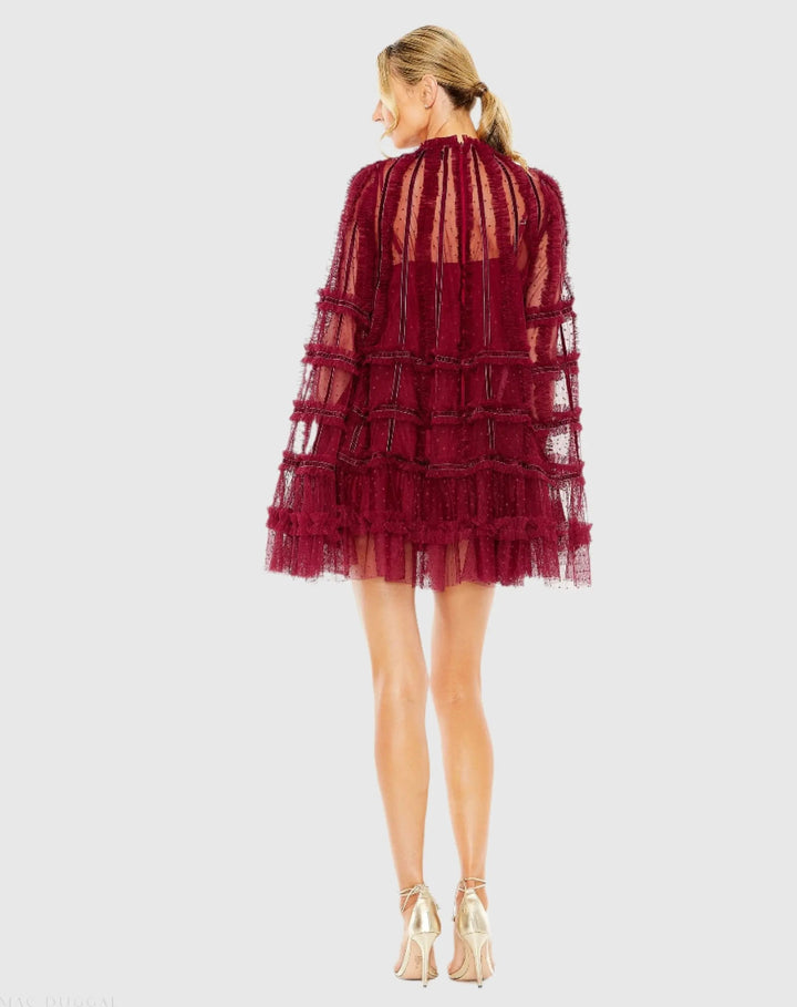 Mac Duggal 8053 High Neck Ruffle Bell Sleeve Trapeze Dress