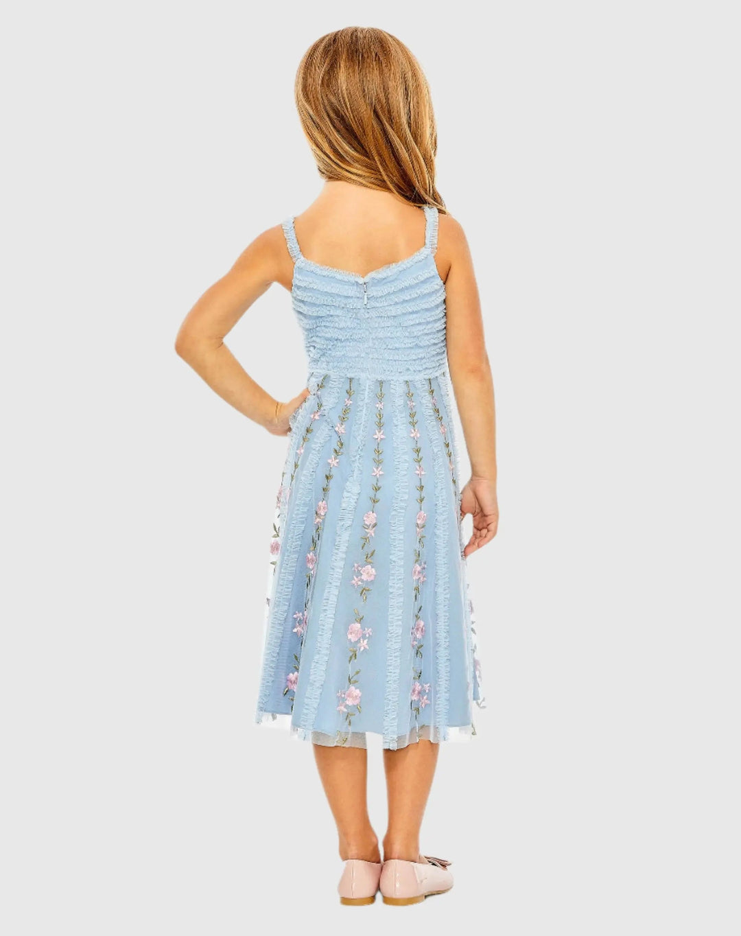 Mac Duggal 8067 Girls Light Blue Ruffle Floral Embroidered Detail Midi Dress