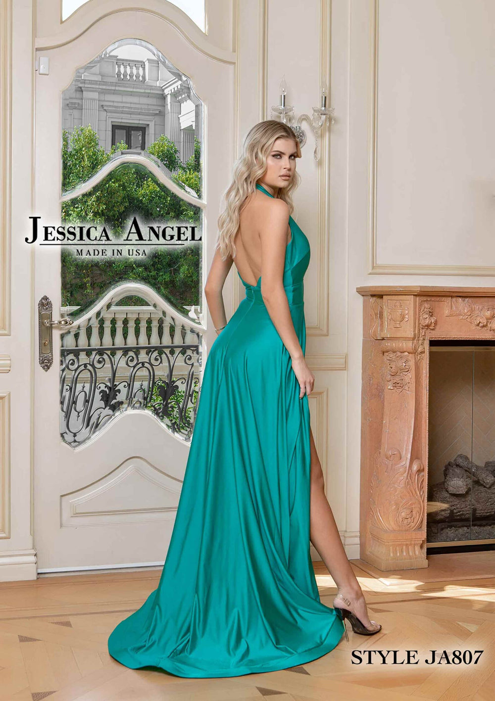 Jessica Angel 807 plunging V-neck jersey A-line gown with slit back view
