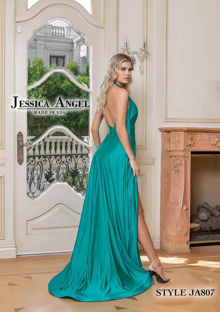 Jessica Angel 807 plunging V-neck jersey A-line gown with slit back view