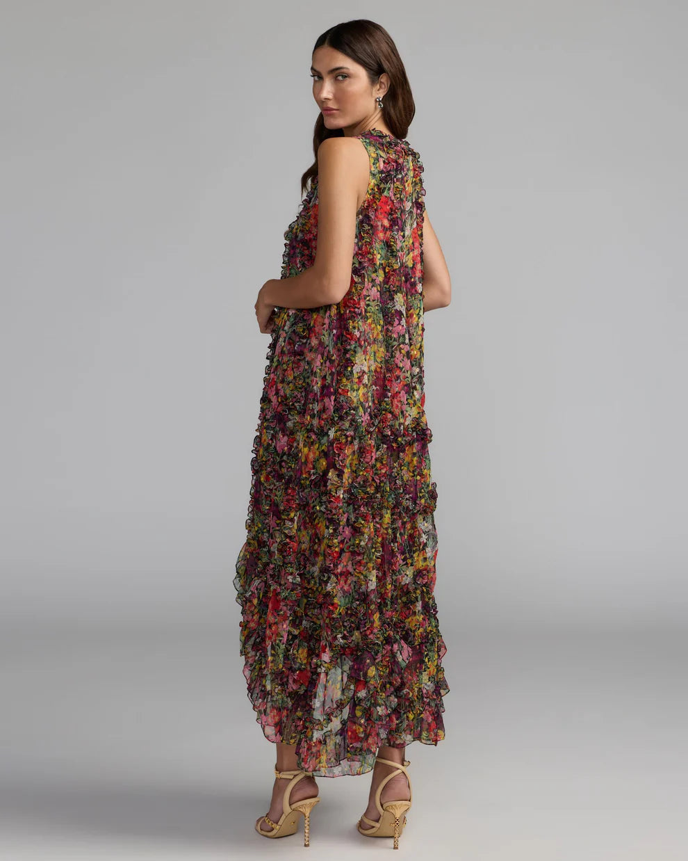 Mac Duggal 8103 Sleeveless Floral Micro Ruffle Trapeze Midi Dress