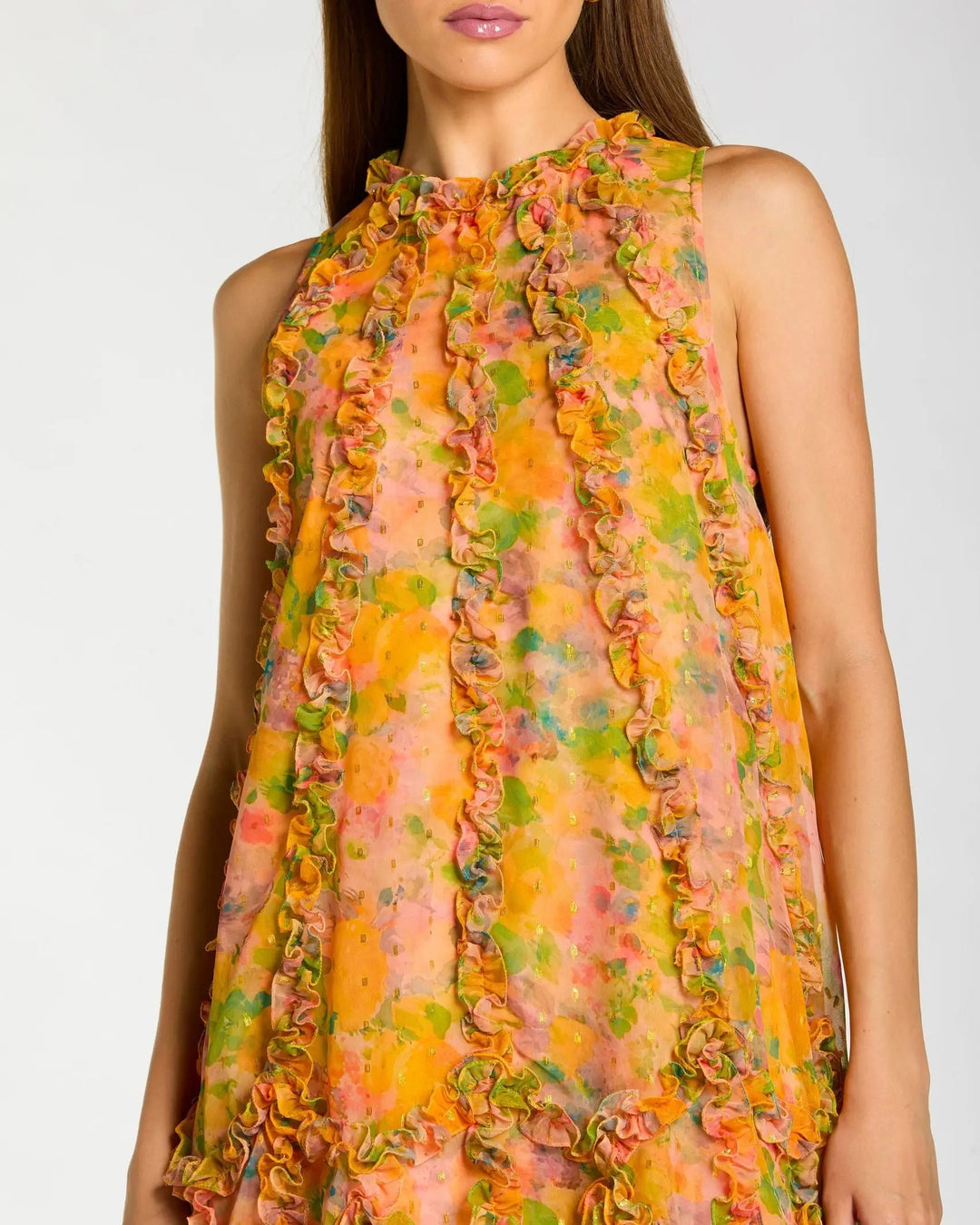 Mac Duggal 8103 Yellow Sleeveless Floral Micro Ruffle Trapeze Midi Dress - FOSTANI.com