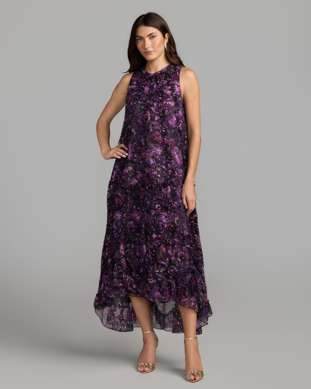 Mac Duggal 8103 Sleeveless Floral Micro Ruffle Trapeze Midi Dress