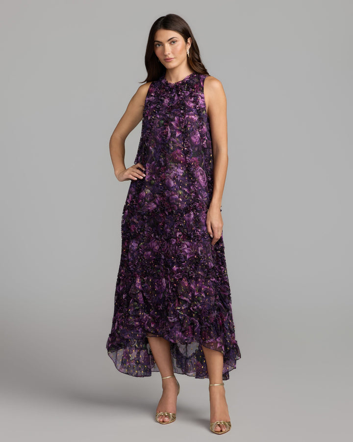 Mac Duggal 8103 Sleeveless Floral Micro Ruffle Trapeze Midi Dress