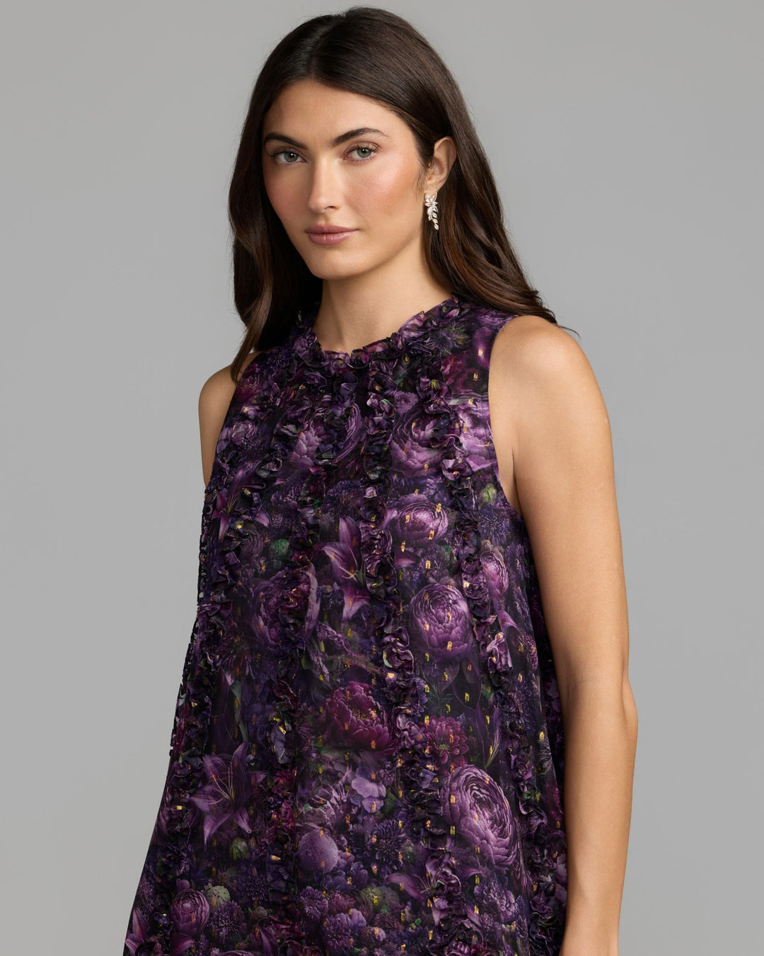 Mac Duggal 8103 Sleeveless Floral Micro Ruffle Trapeze Midi Dress