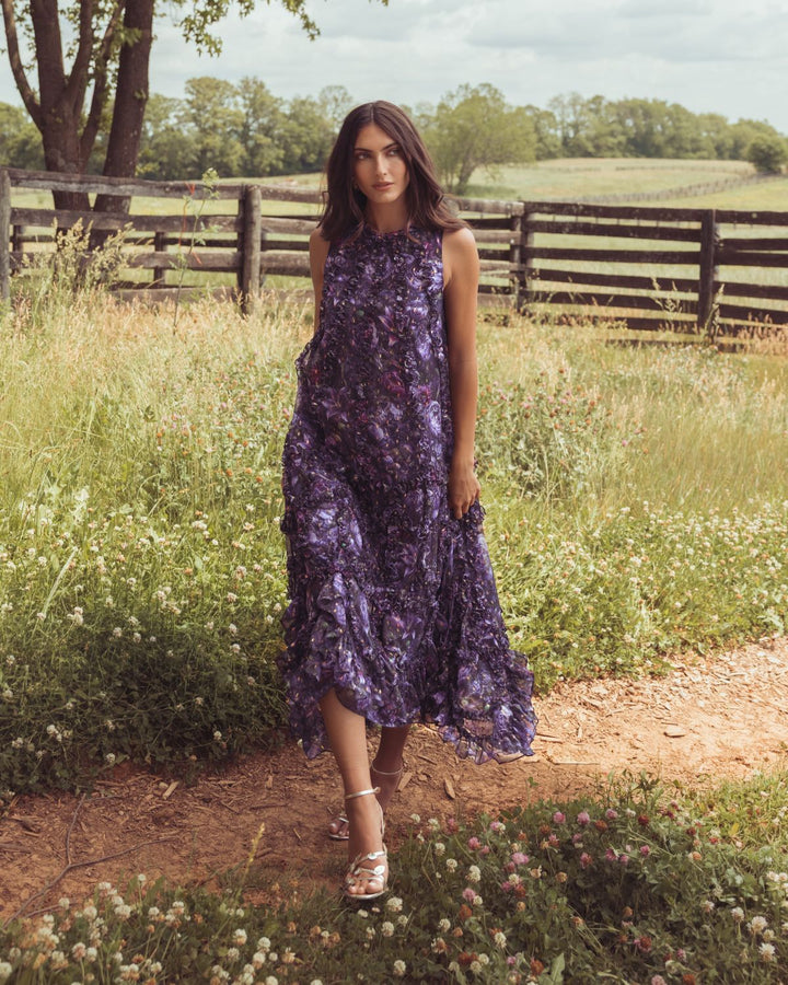 Mac Duggal 8103 Sleeveless Floral Micro Ruffle Trapeze Midi Dress