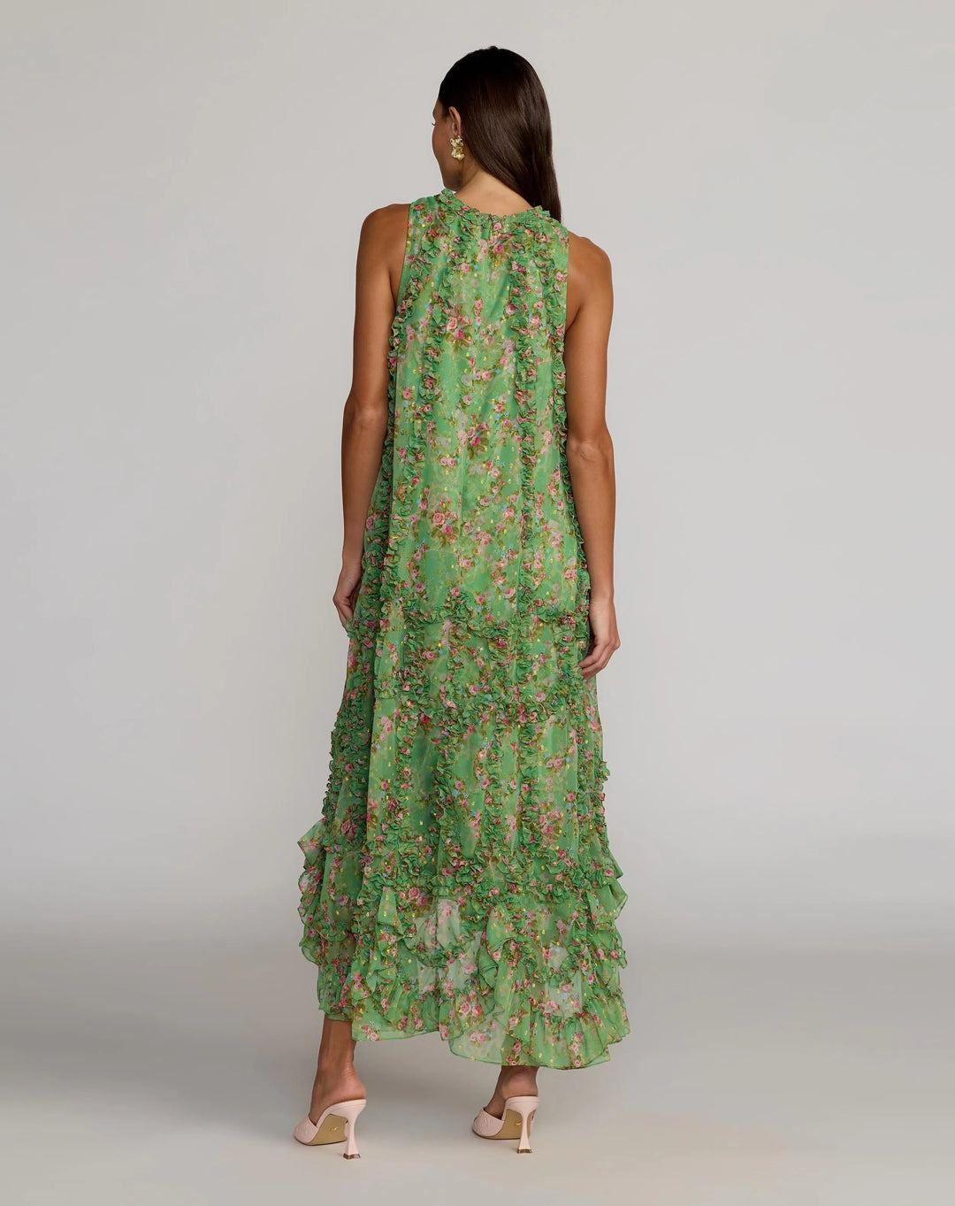 Mac Duggal 8103 Green Sleeveless Floral Chiffon Micro Ruffle Trapeze Midi Dress - FOSTANI.com