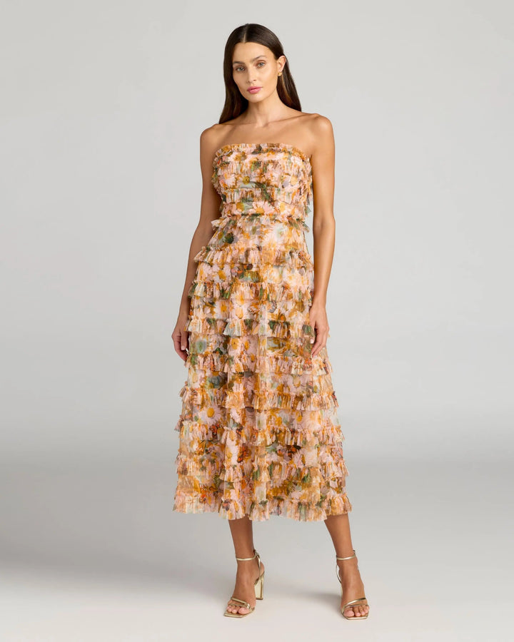Mac Duggal 8137 Gold Strapless Floral Micro Ruffle Dress - FOSTANI.com