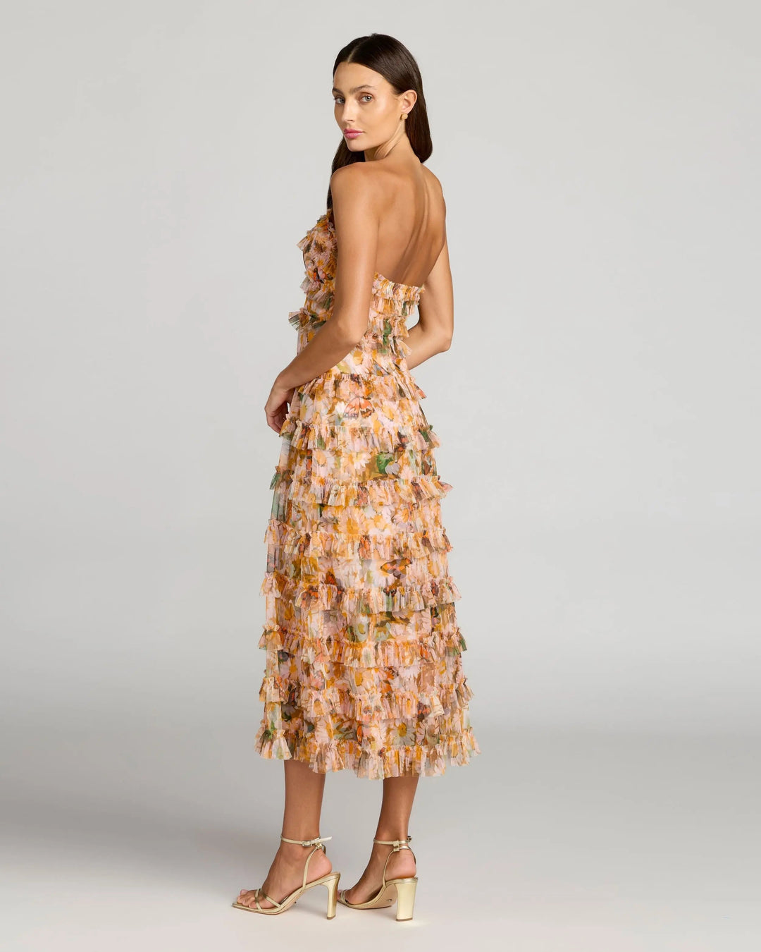 Mac Duggal 8137 Gold Strapless Floral Micro Ruffle Dress - FOSTANI.com
