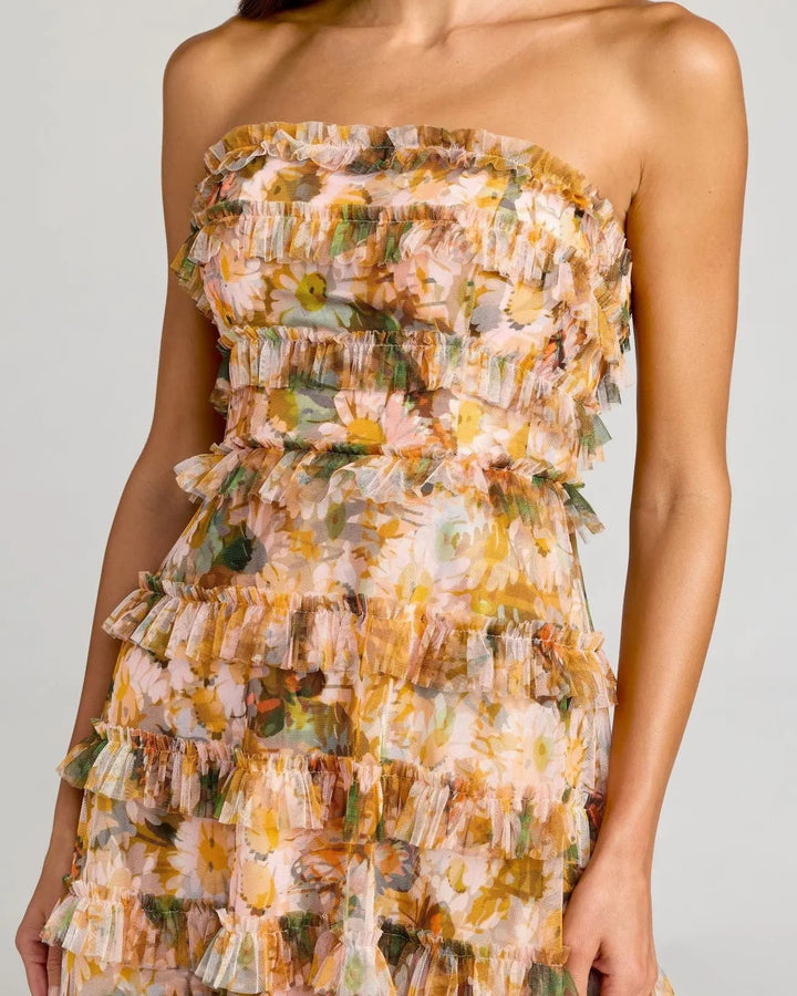Mac Duggal 8137 Gold Strapless Floral Micro Ruffle Dress - FOSTANI.com