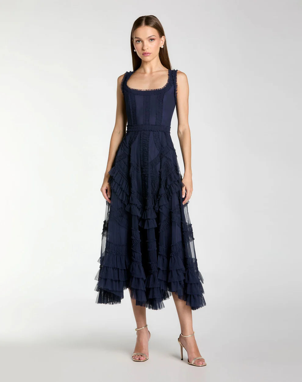 Mac Duggal 8250 Scoop Neck Sleeveless A-Line Ruffle Midi Dress