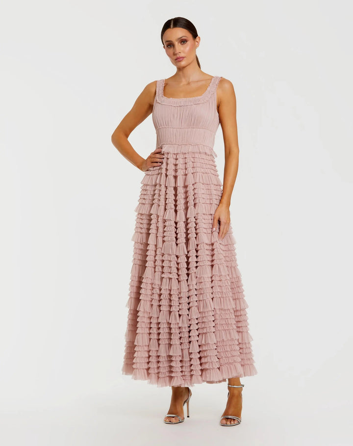 Mac Duggal 8292 Pink Micro Ruffle Sleeveless Scoop Neck Maxi Dress - FOSTANI.com