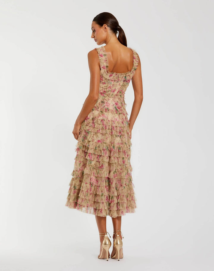 Beige Floral Printed Sleeveless Ruffle Midi Dress - FOSTANI.com